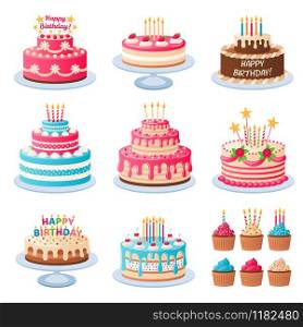 Cartoon cakes. Colorful delicious desserts, birthday cake with celebration candles and chocolate slices, holiday party decoration cupcakes vector set. Cartoon cakes. Colorful delicious desserts, birthday cake with celebration candles and chocolate slices, holiday cupcakes vector set
