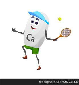 Cartoon calcium tennis player character with racket. Isolated vector Ca sportsman personage, mineral or vitamin athlete playing with ball. Food supplement capsule sports game activity, tournament. Cartoon tennis player calcium character
