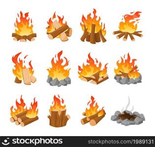 Cartoon campfire. Outdoor firewood. Forest fireplace with burning logs. Fire lighting templates. Night camp flaming and extinct bonfire. Fuel wood ignition. Vector isolated orange blazing lumbers set. Cartoon campfire. Outdoor firewood. Forest fireplace with burning logs. Fire lighting. Night camp flaming and extinct bonfire. Fuel wood ignition. Vector isolated blazing lumbers set