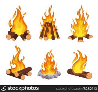 Cartoon campfire. Wood bonfire, burning log. Outdoor fire flames with stone and wooden borders. Outside wild adventure, camping activities, forest tourist isolated vector set illustration. Cartoon campfire. Wood bonfire, burning log. Outdoor fire flames with stone and wooden borders. Outside wild adventure