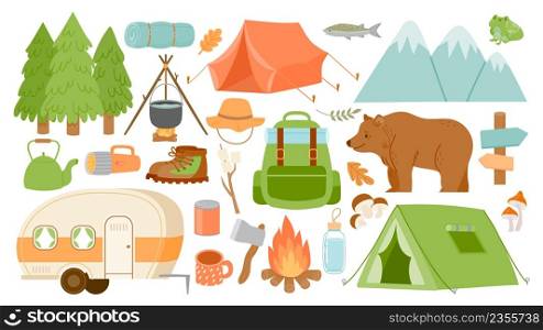 Cartoon camping and hiking equipment, tent and forest nature. Camp fire, bag, road home, lantern and mat. Survival hike adventure vector set. Tourist equipment for trekking trip or journey. Cartoon camping and hiking equipment, tent and forest nature. Camp fire, bag, road home, lantern and mat. Survival hike adventure vector set