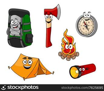 Cartoon camping and travel objects set with backpack tent axe compass, fire and flashlight for tourism design