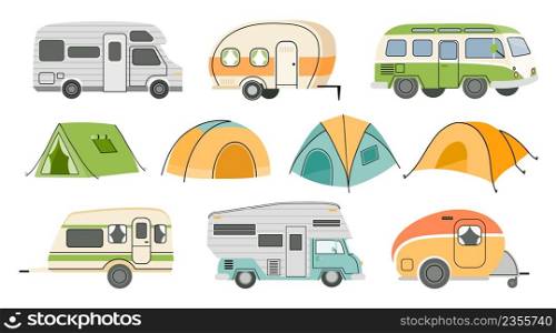 Cartoon camping RV trailers and cars, road motorhomes and tents. Camp caravan vehicle for nature vacation and summer travel van vector set. Mobile home for traveling and exploring country. Cartoon camping RV trailers and cars, road motorhomes and tents. Camp caravan vehicle for nature vacation and summer travel van vector set