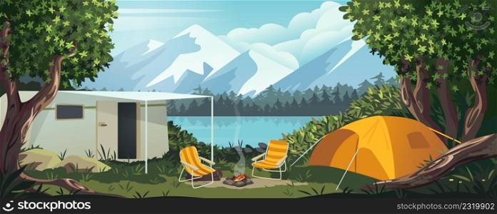 Cartoon camping. Summer nature scene with trailer tent and bonfire. Scenic forest panorama. Wild lake and mountain peaks scenery. Empty campsite in woodland meadow. Vector rocky landscape background. Cartoon camping. Summer nature scene with trailer tent and bonfire. Scenic forest panorama. Lake and mountain peaks scenery. Empty campsite in woodland meadow. Vector landscape background