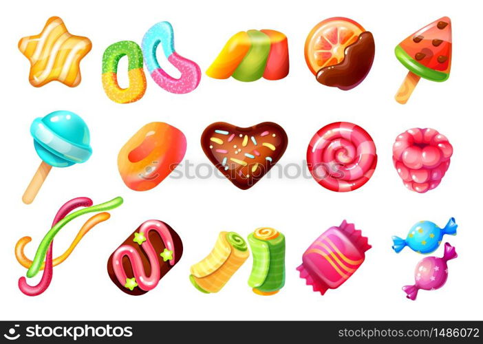 Cartoon candies. Chocolate sweets and caramel desserts, candy canes sweetmeats and cakes. Vector illustration cookies and jelly candies set. Cartoon candies. Chocolate sweets and caramel desserts, candy canes sweetmeats and cakes. Vector cookies and jelly candies set