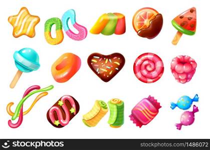 Cartoon candies. Chocolate sweets and caramel desserts, candy canes sweetmeats and cakes. Vector illustration cookies and jelly candies set. Cartoon candies. Chocolate sweets and caramel desserts, candy canes sweetmeats and cakes. Vector cookies and jelly candies set