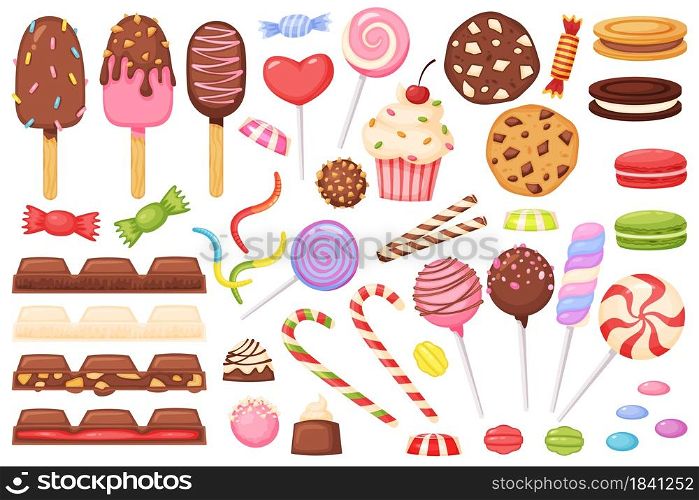Cartoon candies, sweets, desserts, lollipops, chocolate. Candy, cupcake, macaron, ice cream, jelly worm. Sweet confectionery dessert vector set. Cookies and muffins for candy bar isolated on white. Cartoon candies, sweets, desserts, lollipops, chocolate. Candy, cupcake, macaron, ice cream, jelly worm. Sweet confectionery dessert vector set