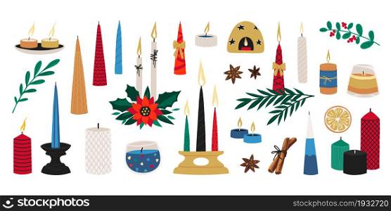 Cartoon candles. New Year and Merry Christmas decoration cozy elements for greeting cards and presents wrapping paper. Traditional holly plant branches and candlesticks. Vector holiday candlelight set. Cartoon candles. New Year and Merry Christmas decoration cozy elements for greeting cards and wrapping paper. Traditional holly plants and candlesticks. Vector holiday candlelight set
