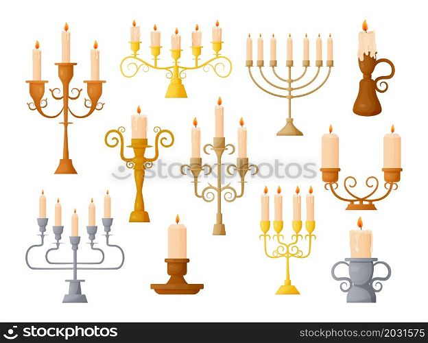 Cartoon candlestick. Vintage wax candle holder with burning and extinct candlelight. Retro medieval metal candelabrum. Isolated lighting old ornate lamps. Vector ancient interior decorations set. Cartoon candlestick. Vintage wax candle holder with burning and extinct candlelight. Retro medieval candelabrum. Isolated lighting ornate lamps. Vector ancient interior decorations set