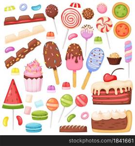 Cartoon candy and desserts, cookies, lollipops, ice cream. Jelly beans, marshmallow, cake slices, chocolate. Delicious confectionery vector set. Sweets for celebration or candy shop. Cartoon candy and desserts, cookies, lollipops, ice cream. Jelly beans, marshmallow, cake slices, chocolate. Delicious confectionery vector set