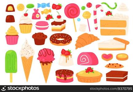 Cartoon candy and sweets. Cupcakes, ice cream, lollipops, chocolate and jelly candies, biscuit pastries and cakes. Confectionery vector set of cupcake dessert, food donut delicious illustration. Cartoon candy and sweets. Cupcakes, ice cream, lollipops, chocolate and jelly candies, biscuit pastries and cakes. Confectionery vector set
