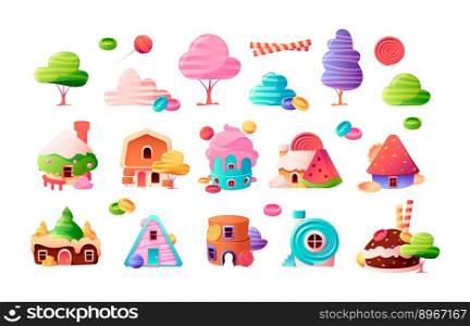 Cartoon candy city set. Fairytale houses with sweet trees bushes lollipops, cute kids fantasy fairy town with decorative sugar elements. Vector collection. Delicious confectionery, childish buildings. Cartoon candy city set. Fairytale houses with sweet trees bushes lollipops, cute kids fantasy fairy town with decorative sugar elements. Vector collection