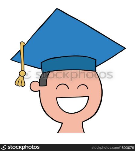 Cartoon capped graduate student head, vector illustration. Colored and black outlines.