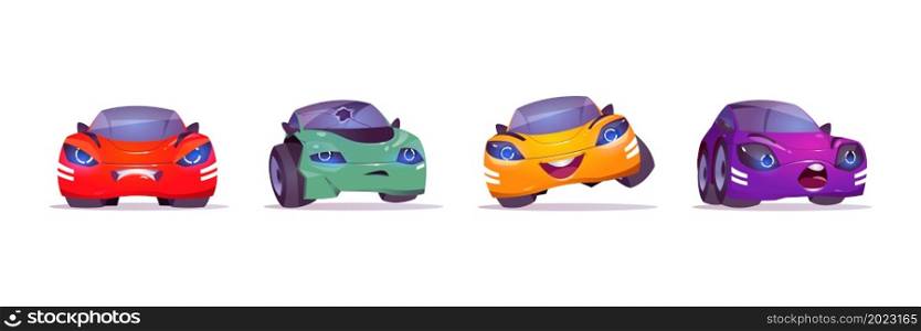 Cartoon car characters express happy or sad emotions, cute automobile emoticons with smiling face, unhappy transport with broken windshield isolated on white background, Vector illustration, icons set. Cartoon car characters happy and sad emotions