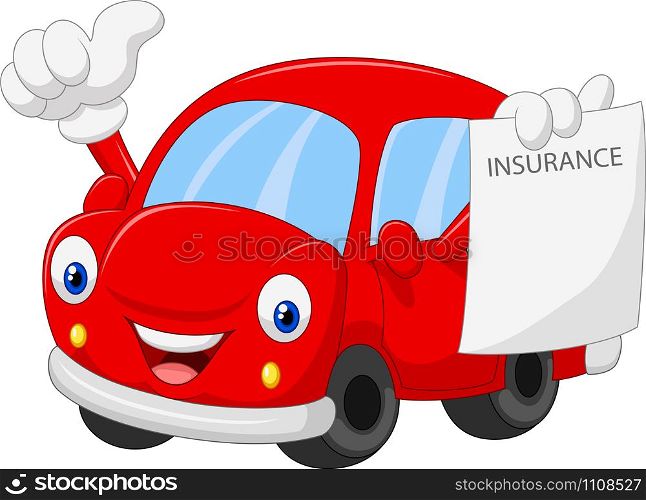 Cartoon car holding insurance paper and giving thumb up