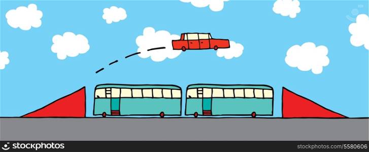 Cartoon car jumping buses