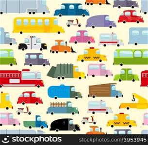 Cartoon car pattern. City traffic jam. Diverse ground Transoprt. Background seamless toy car. Passenger and freight transport. Hearse and ambulance car.