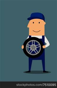 Cartoon car service mechanic in blue overalls and cap holding the wheel. Good service concept. Happy car mechanic with wheel