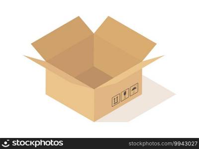 Cartoon cardboard open box with fragile sign. Opened beige square empty parcel angle view, packaging cargo storage, industry shipment, shipping goods, warehouse object vector isolated illustration. Cartoon cardboard open box with fragile sign. Opened beige square empty parcel angle view, packaging cargo storage, industry shipment, warehouse object vector isolated illustration