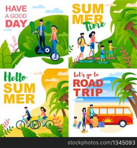 Cartoon Cards Set with Summer Motivate Quotes. Lets Go Road Trip, Summertime, Have Good Day, Hello Summer. Inspiration and Invitation for Family and Friends Vacation. Vector Flat Illustration. Cartoon Cards Set with Summer Motivate Quotes