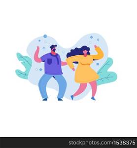 Cartoon caricature couple woman and man dancing actively. A cute couple moves plastic. People are dancing outdoors.. Cartoon caricature couple woman and man dancing actively.