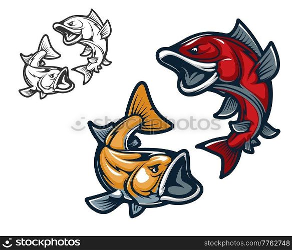 Cartoon carp fish mascots. Isolated characters for sport club emblem, vector. Red and yellow angry fierce carps or big fishes for sport team mascot or fishing emblem. Carp fish mascot, sport club team emblem