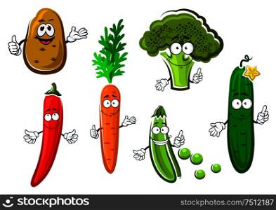 Cartoon carrot, potato, cucumber, pea, broccoli and chilli pepper vegetable characters with funny smiles. For healthy vegetarian food or agriculture design. Cartoon fresh organic vegetable characters