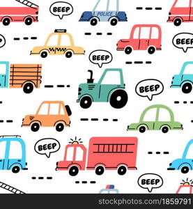 Cartoon cars seamless pattern with truck, police and fire engine. Baby toy transport on road wallpaper for nursery. Car traffic vector print. Different vehicles in jam, making sound beep