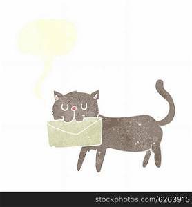 cartoon cat carrying letter with speech bubble