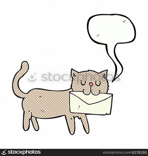 cartoon cat carrying letter with speech bubble