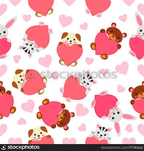 Cartoon cat, dog, bear and rabbit Valentines day. Childish seamless pattern - funny kawaii animals with hearts.