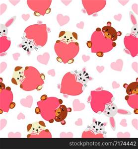 Cartoon cat, dog, bear and rabbit Valentines day. Childish seamless pattern - funny kawaii animals with hearts.