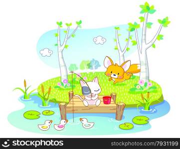cartoon cat fishing in the river with squirrel and ducks