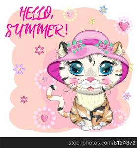 Cartoon cat in a hat with flowers. Summer, vacation. Cute child character, symbol of 2023 new chinese year.. Cartoon cat in a hat with flowers. Summer, vacation. Cute child character, symbol of 2023 new chinese year