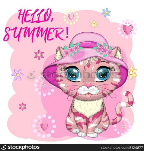 Cartoon cat in a hat with flowers. Summer, vacation. Cute child character, symbol of 2023 new chinese year.. Cartoon cat in a hat with flowers. Summer, vacation. Cute child character, symbol of 2023 new chinese year