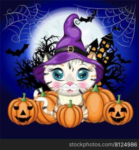 Cartoon cat in purple witch hat with broom, pumpkin, potion. Halloween character, poster. Cute child character, symbol of 2023 new chinese year. Cartoon cat in purple witch hat with broom, pumpkin, potion. Halloween character, poster. symbol of 2023