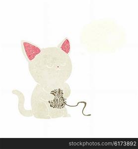 cartoon cat playing with ball of yarn with thought bubble