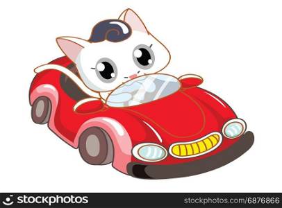 cartoon cat riding a red car