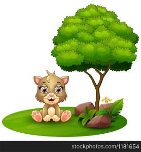 Cartoon cat sitting under a tree on a white background