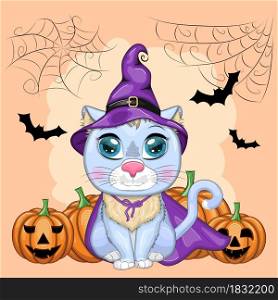 Cartoon cat wearing a purple witch hat and cloak with a broom, potion or pumpkin. Against the background of the castle, the moon, flying mice. Halloween poster. Cartoon cat wearing a purple witch hat and cloak with a broom, potion or pumpkin. Against the background of the castle, the moon, flying mice. Halloween