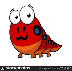 Cartoon caterpillar with big eyes and colorful spots along its segmented body isolated on white
