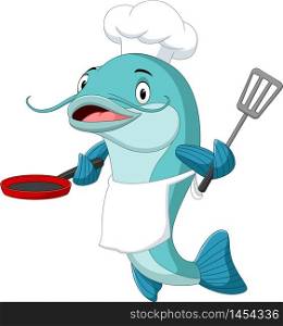 Cartoon catfish chef holding a frying pan and spatula