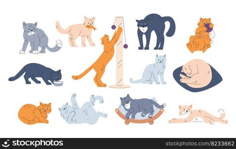 Cartoon cats characters. Cute various behavior funny cat. Fur kittens play, sleep and eat. Isolated playful pets in different poses, vector animal characters of cat behavior animal pose illustration. Cartoon cats characters. Cute various behavior funny cat. Fur kittens play, sleep and eat. Isolated playful kitty pets in different poses, kicky vector animal characters