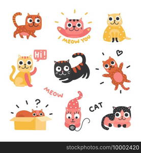 Cartoon cats. Funny kittens of different colors, funny lazy cat characters. Lovely playful pets, home animals vector set. Lazy cat, pet kitten, sleepy and playful illustration. Cartoon cats. Funny kittens of different colors, funny lazy cat characters. Lovely playful pets, home animals vector set