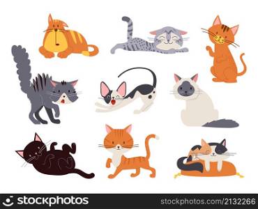 Cartoon cats. Sleep cat on pillow, isolated kitten scare. Cute pets play and sit, friendly fluffy animals. Childish stickers classy vector set. Illustration of cat on pillow comfort sleep. Cartoon cats. Sleep cat on pillow, isolated kitten scare. Cute pets play and sit, friendly fluffy animals. Childish stickers classy vector set