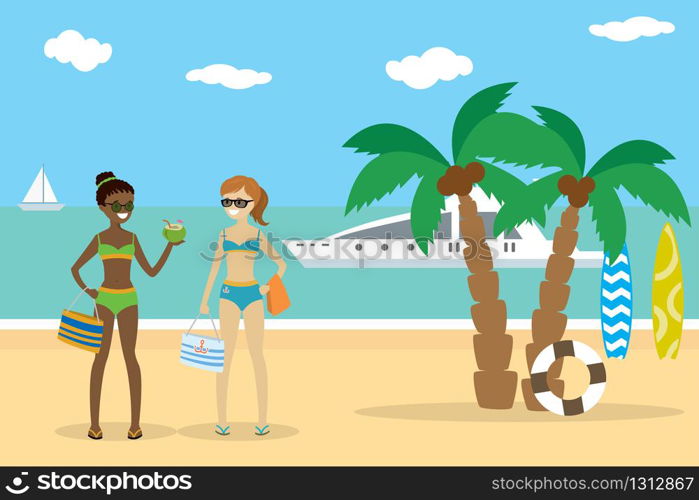 Cartoon caucasian and african american girls in swimsuits on the beach,flat vector illustration. Cartoon caucasian and african american girls in swimsuits on the