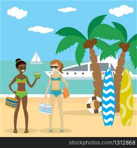 Cartoon caucasian and african american girls in swimsuits on the beach,flat vector illustration. Cartoon caucasian and african american girls in swimsuits on the