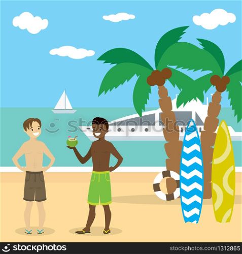 Cartoon caucasian and african american teenager boys in swimsuits on the beach,flat vector illustration. Cartoon caucasian and african american teenager boys in swimsuit
