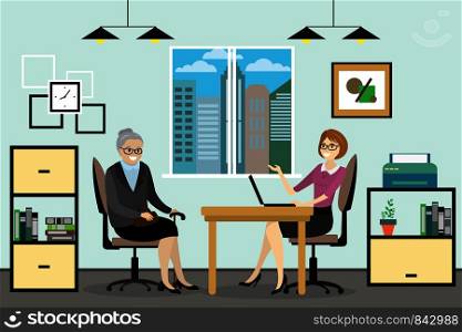 Cartoon caucasian business woman and grandmother talking in office, interior design with furniture,flat vector illustration.. Cartoon business woman and grandmother talking in office,