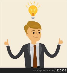 Cartoon Caucasian Businessman shows both hands a sign Thumb Up,idea bulb,flat vector illustration